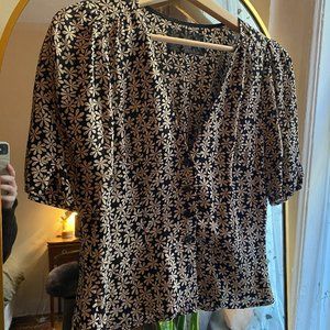 Reformation Sweetie Top Black Floral Print Peplum V-Neck 3/4 Sleeve